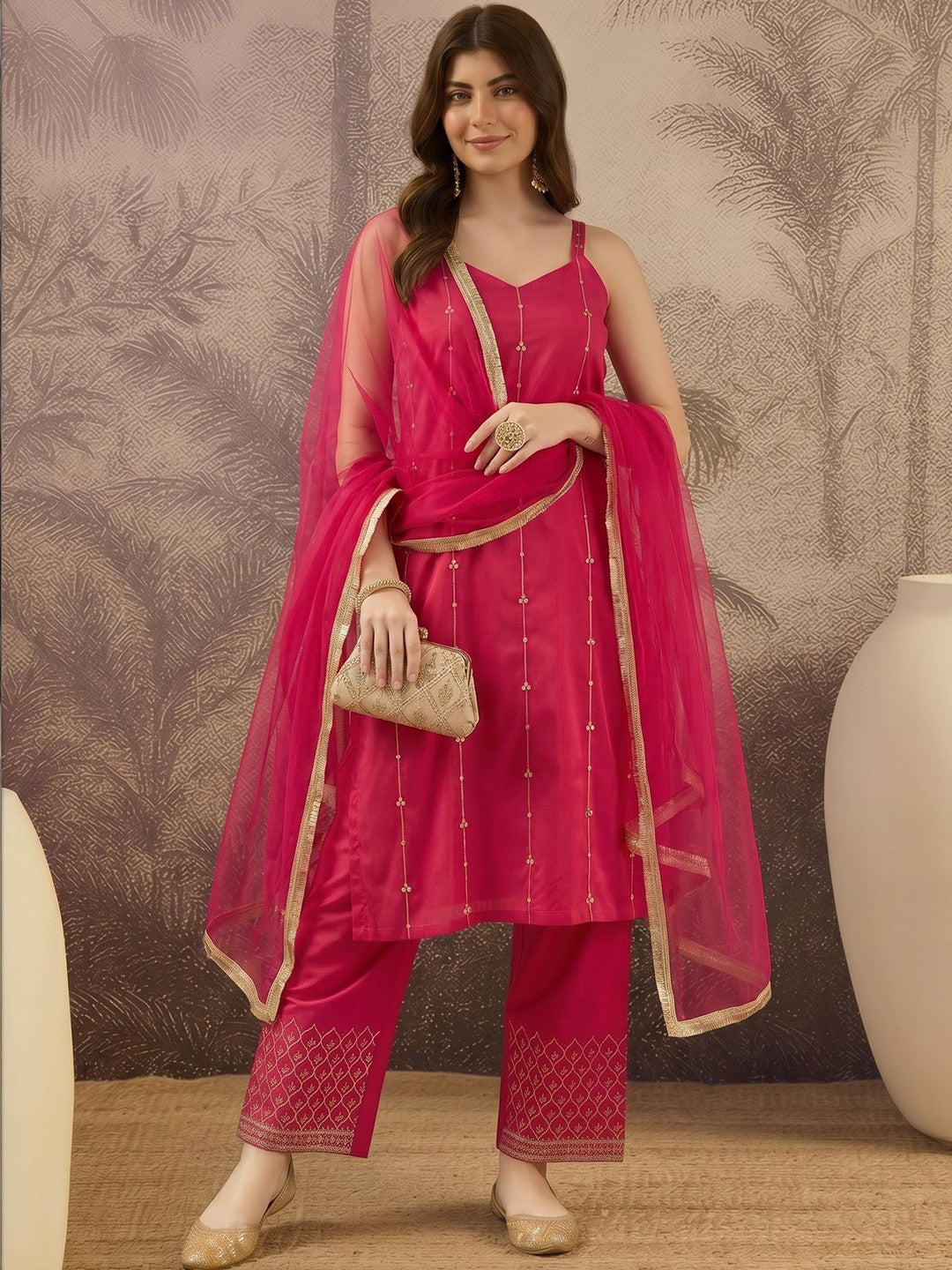 Embroidered V-Neck Kurta & Trousers With Dupatta Set