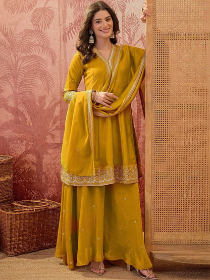 Embroidered V-Neck Kurta & Sharara With Dupatta