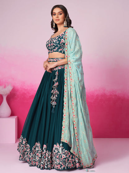 Women Teal Pure Georgette Sequin embroidery  Lehenga choli & Dupatta