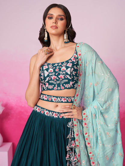 Women Teal Pure Georgette Sequin embroidery  Lehenga choli & Dupatta