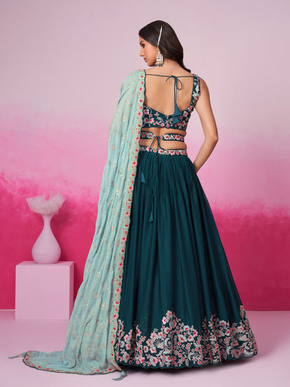 Women Teal Pure Georgette Sequin embroidery  Lehenga choli & Dupatta