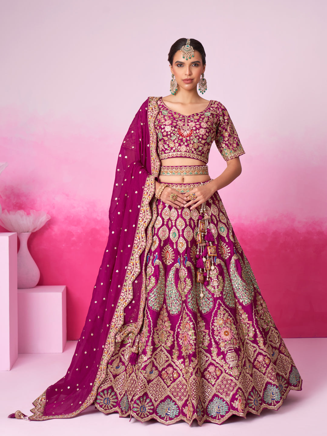 Women Burgundy Pure silk Moti, Sequins embroidery  Bridel Lehenga choli & Dupatta