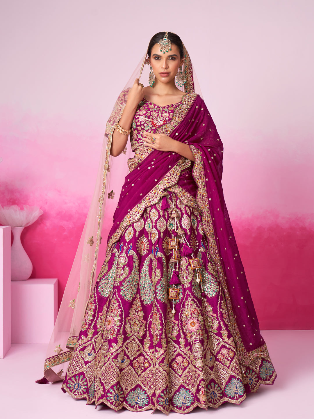 Women Burgundy Pure silk Moti, Sequins embroidery  Bridel Lehenga choli & Dupatta