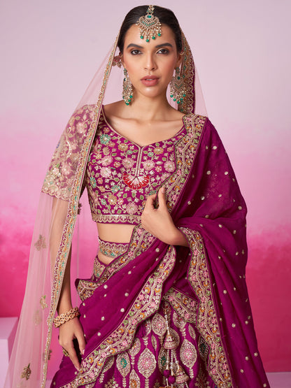 Women Burgundy Pure silk Moti, Sequins embroidery  Bridel Lehenga choli & Dupatta