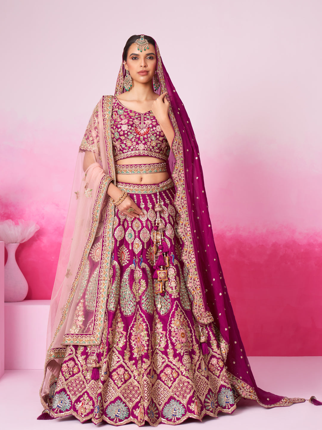 Women Burgundy Pure silk Moti, Sequins embroidery  Bridel Lehenga choli & Dupatta