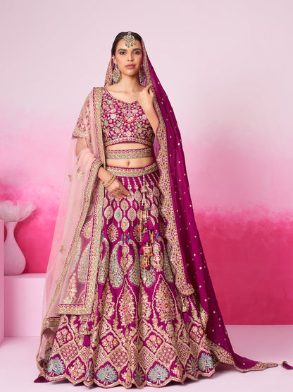 Women Burgundy Pure silk Moti, Sequins embroidery  Bridel Lehenga choli & Dupatta