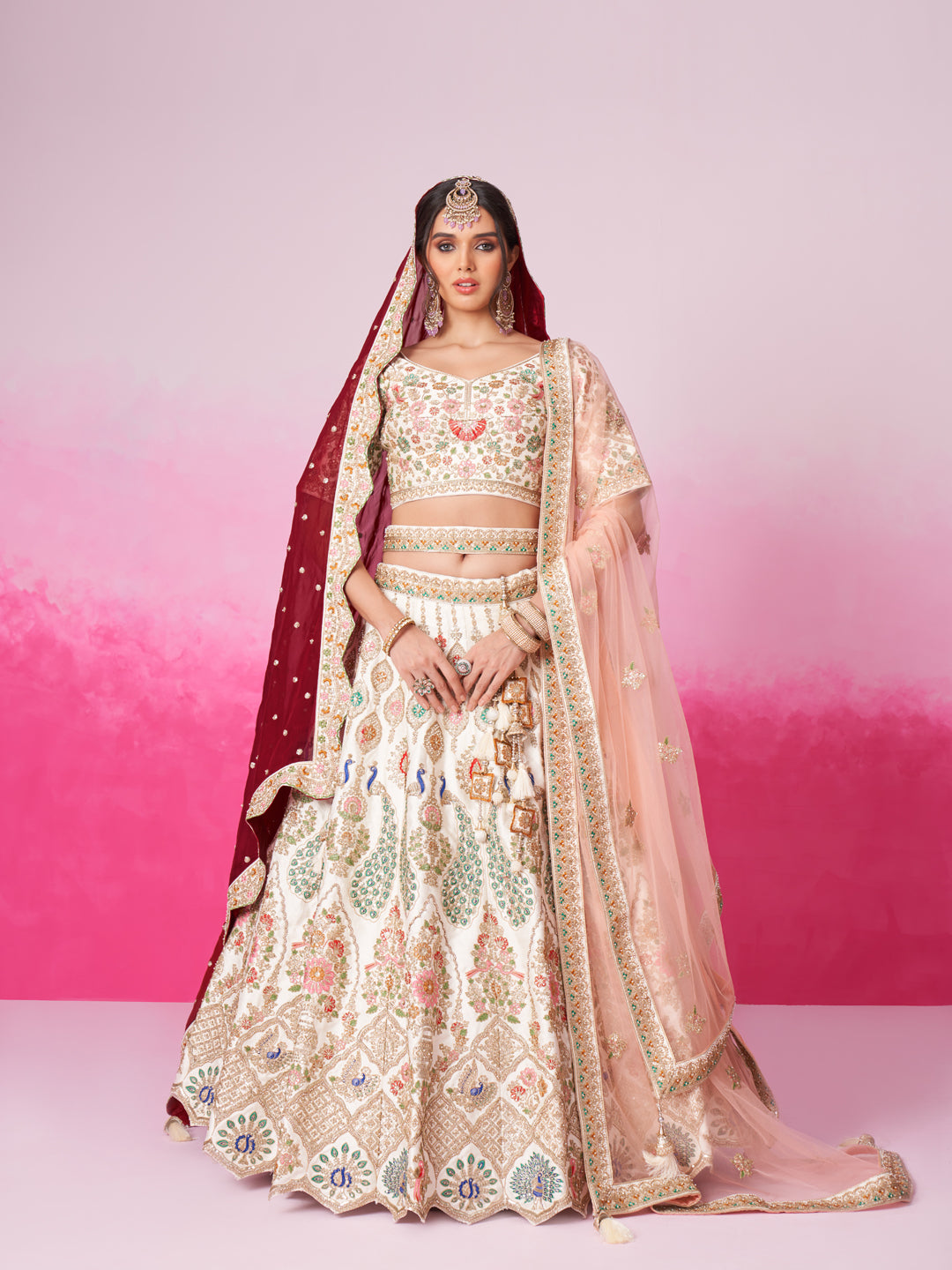 Women Cream Pure silk Moti, Sequins embroidery  Bridel Lehenga choli & Dupatta