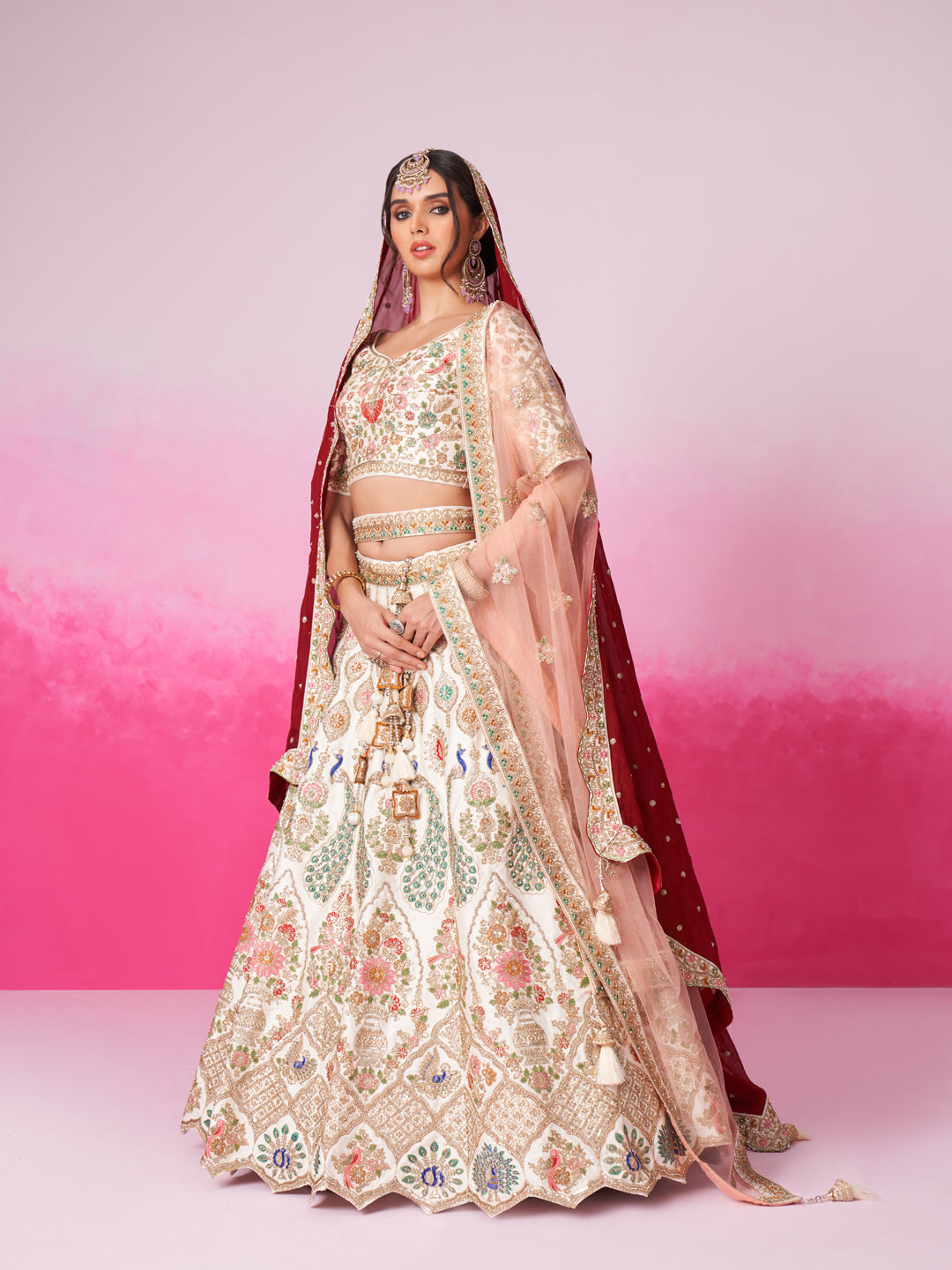 Women Cream Pure silk Moti, Sequins embroidery  Bridel Lehenga choli & Dupatta