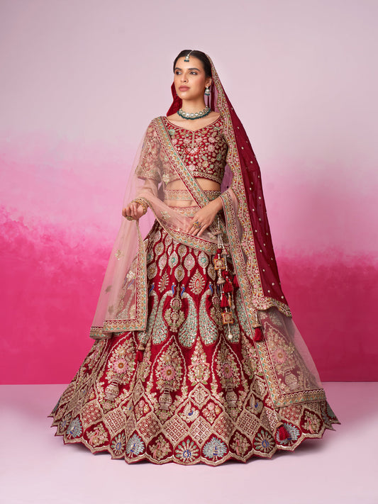 Women Red Pure silk Moti, Sequins embroidery  Bridel Lehenga choli & Dupatta