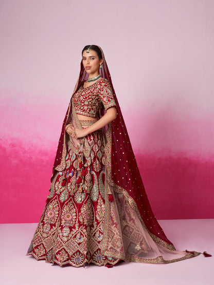Women Red Pure silk Moti, Sequins embroidery  Bridel Lehenga choli & Dupatta