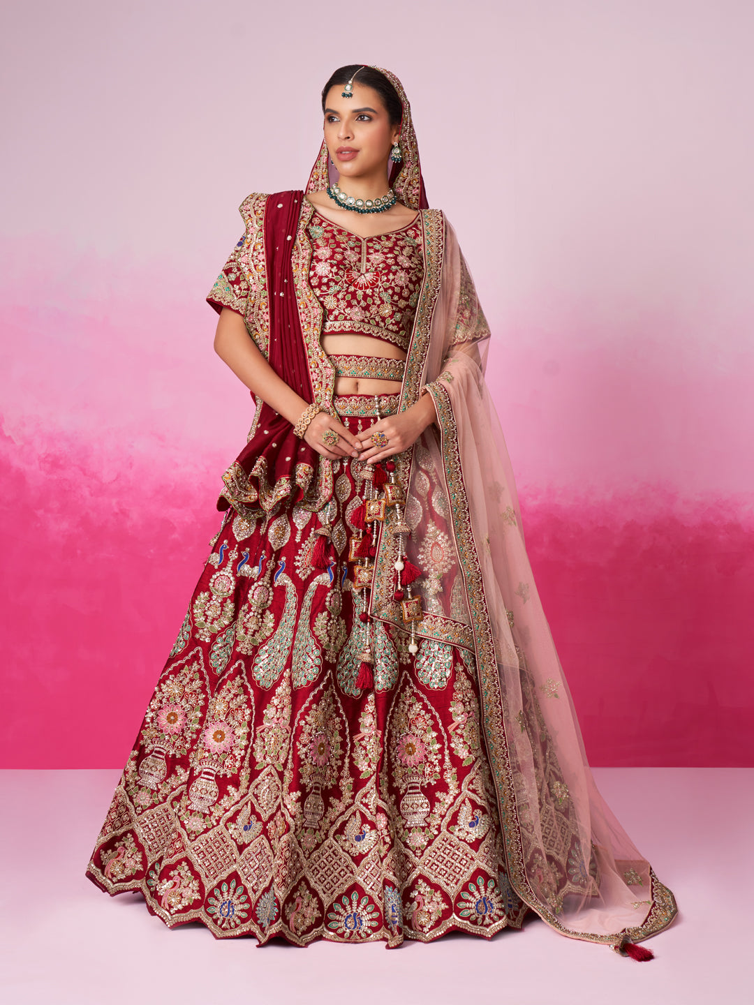 Women Red Pure silk Moti, Sequins embroidery  Bridel Lehenga choli & Dupatta