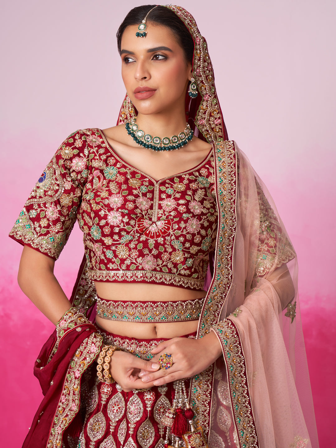 Women Red Pure silk Moti, Sequins embroidery  Bridel Lehenga choli & Dupatta