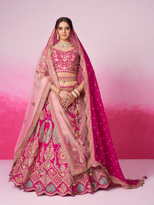 Women Pink Pure silk Moti, Sequins embroidery  Bridel Lehenga choli & Dupatta