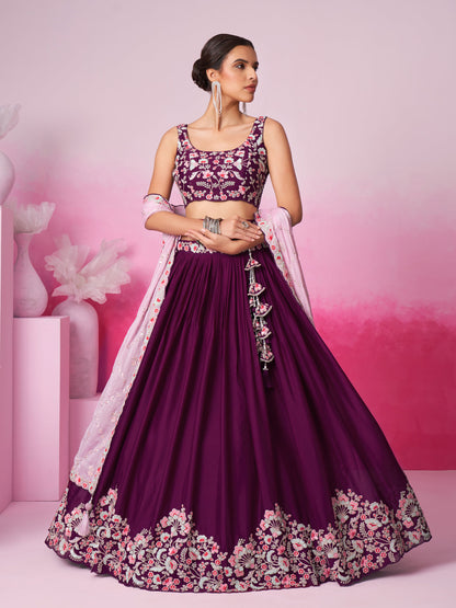 Women Burgundy Pure Georgette Sequin embroidery  Lehenga choli & Dupatta