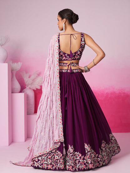 Women Burgundy Pure Georgette Sequin embroidery  Lehenga choli & Dupatta