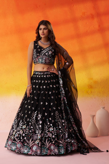 BLACK-Net Fabric Sequins Thread & Embroidery Semi-Stitched Lehenga & Unstitched Blouse With Dupatta