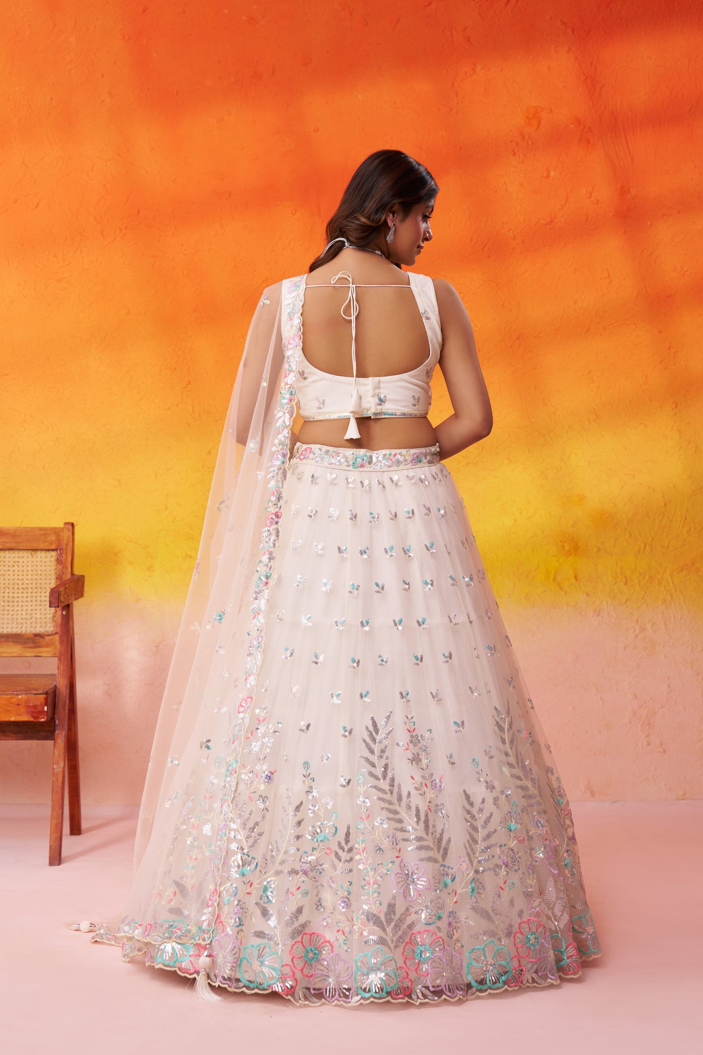 Cream-Net Fabric Sequins Thread & Embroidery Semi-Stitched Lehenga & Unstitched Blouse With Dupatta