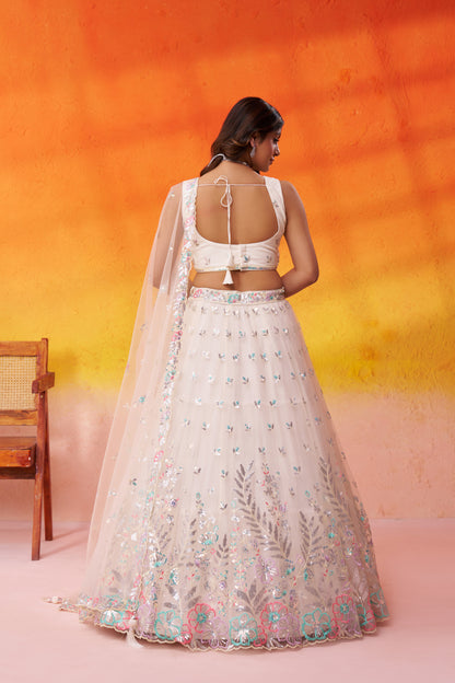 Cream-Net Fabric Sequins Thread & Embroidery Semi-Stitched Lehenga & Unstitched Blouse With Dupatta