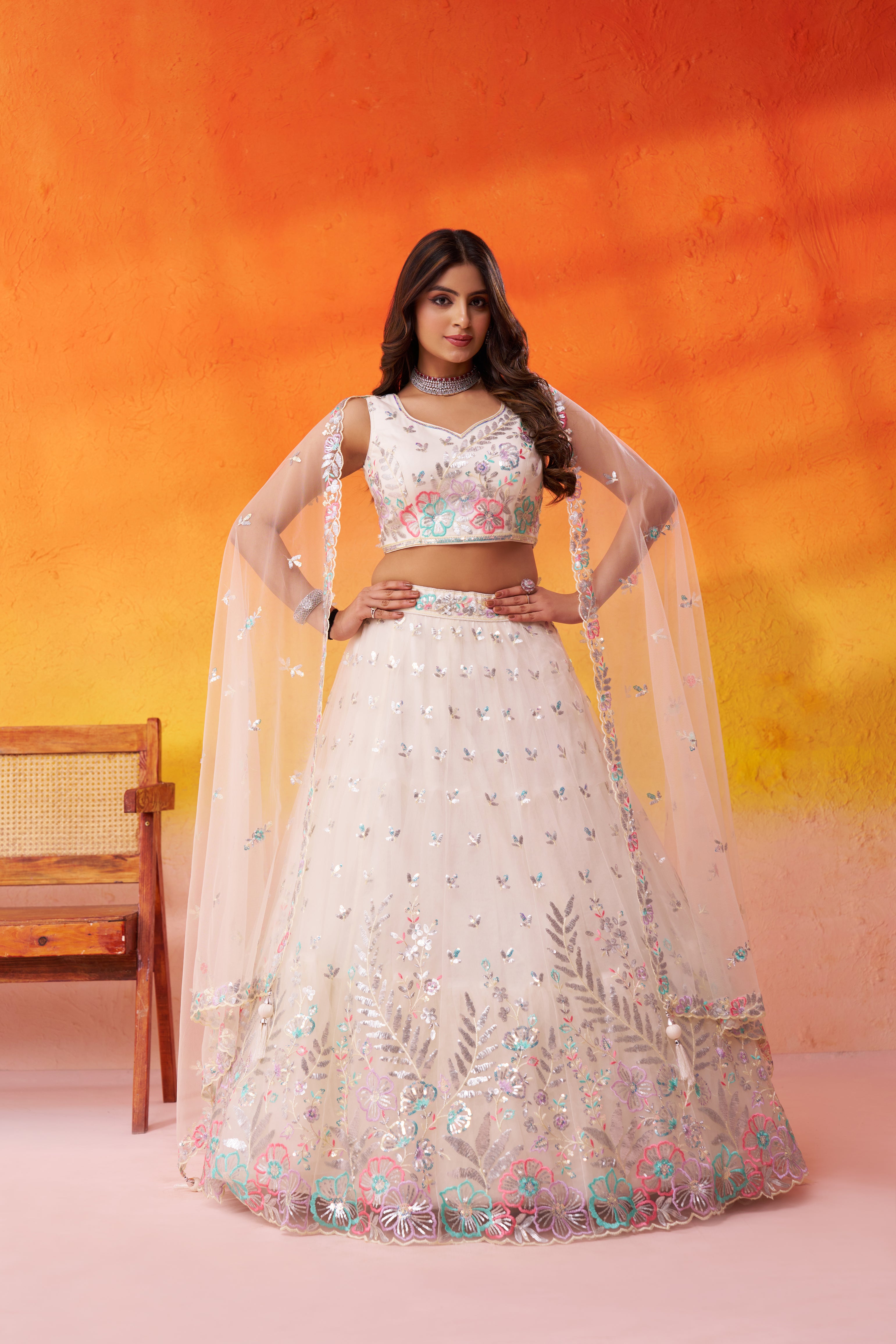 Cream-Net Fabric Sequins Thread & Embroidery Semi-Stitched Lehenga & Unstitched Blouse With Dupatta