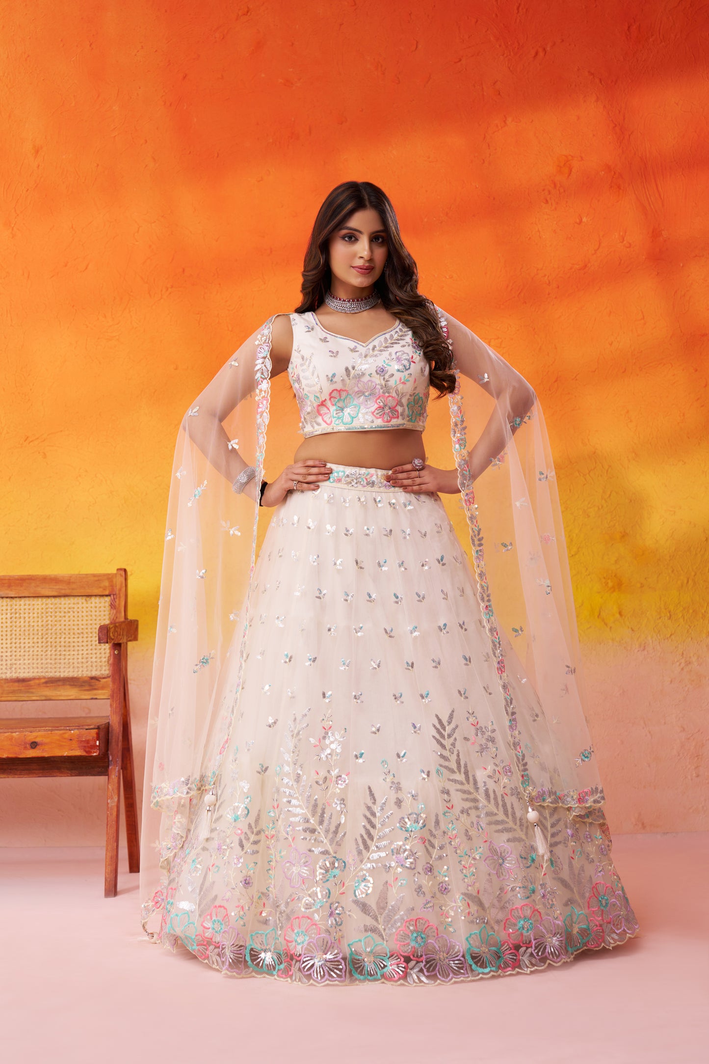 Cream-Net Fabric Sequins Thread & Embroidery Semi-Stitched Lehenga & Unstitched Blouse With Dupatta