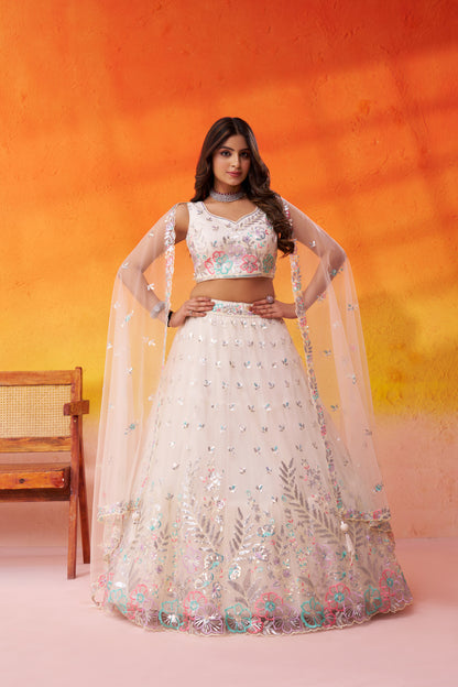 Cream-Net Fabric Sequins Thread & Embroidery Semi-Stitched Lehenga & Unstitched Blouse With Dupatta