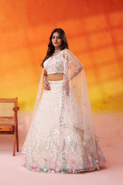 Cream-Net Fabric Sequins Thread & Embroidery Semi-Stitched Lehenga & Unstitched Blouse With Dupatta