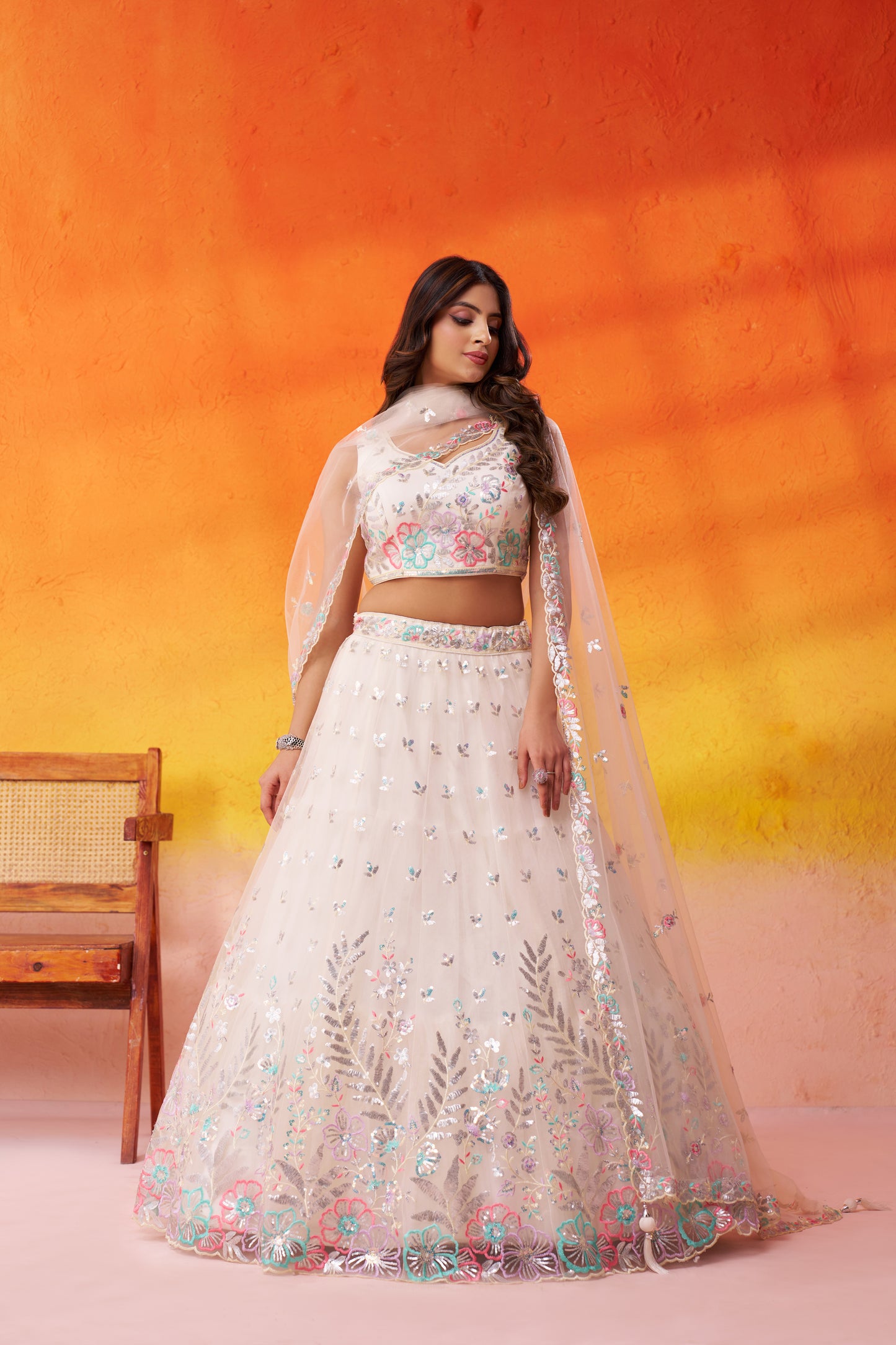 Cream-Net Fabric Sequins Thread & Embroidery Semi-Stitched Lehenga & Unstitched Blouse With Dupatta