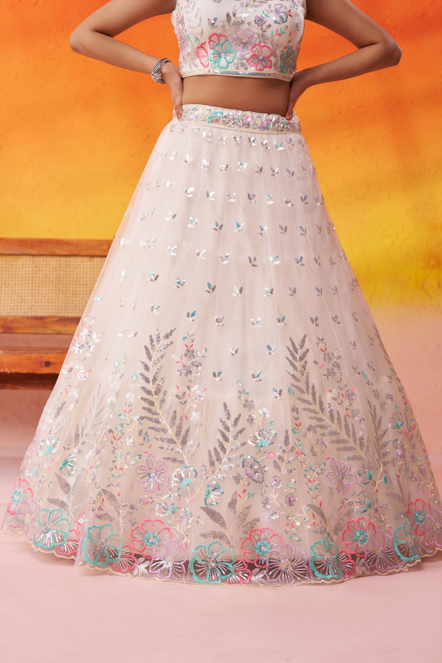 Cream-Net Fabric Sequins Thread & Embroidery Semi-Stitched Lehenga & Unstitched Blouse With Dupatta