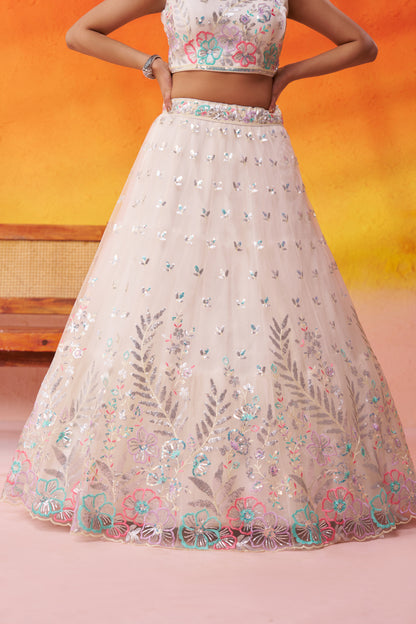 Cream-Net Fabric Sequins Thread & Embroidery Semi-Stitched Lehenga & Unstitched Blouse With Dupatta