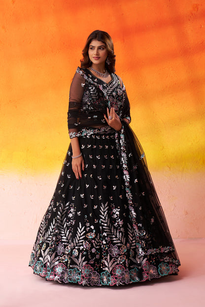 BLACK-Net Fabric Sequins Thread & Embroidery Semi-Stitched Lehenga & Unstitched Blouse With Dupatta