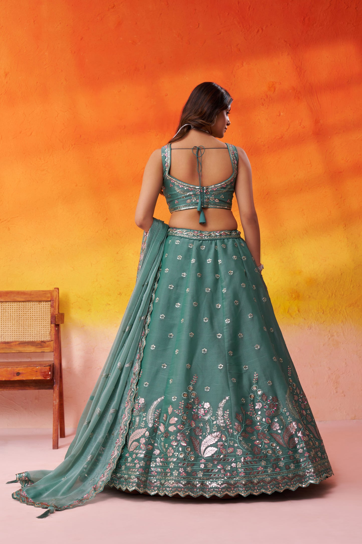 Green-Organza Fabric Sequins Thread & Embroidery Semi-Stitched Lehenga & Unstitched Blouse With Dupatta