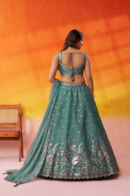 Green-Organza Fabric Sequins Thread & Embroidery Semi-Stitched Lehenga & Unstitched Blouse With Dupatta