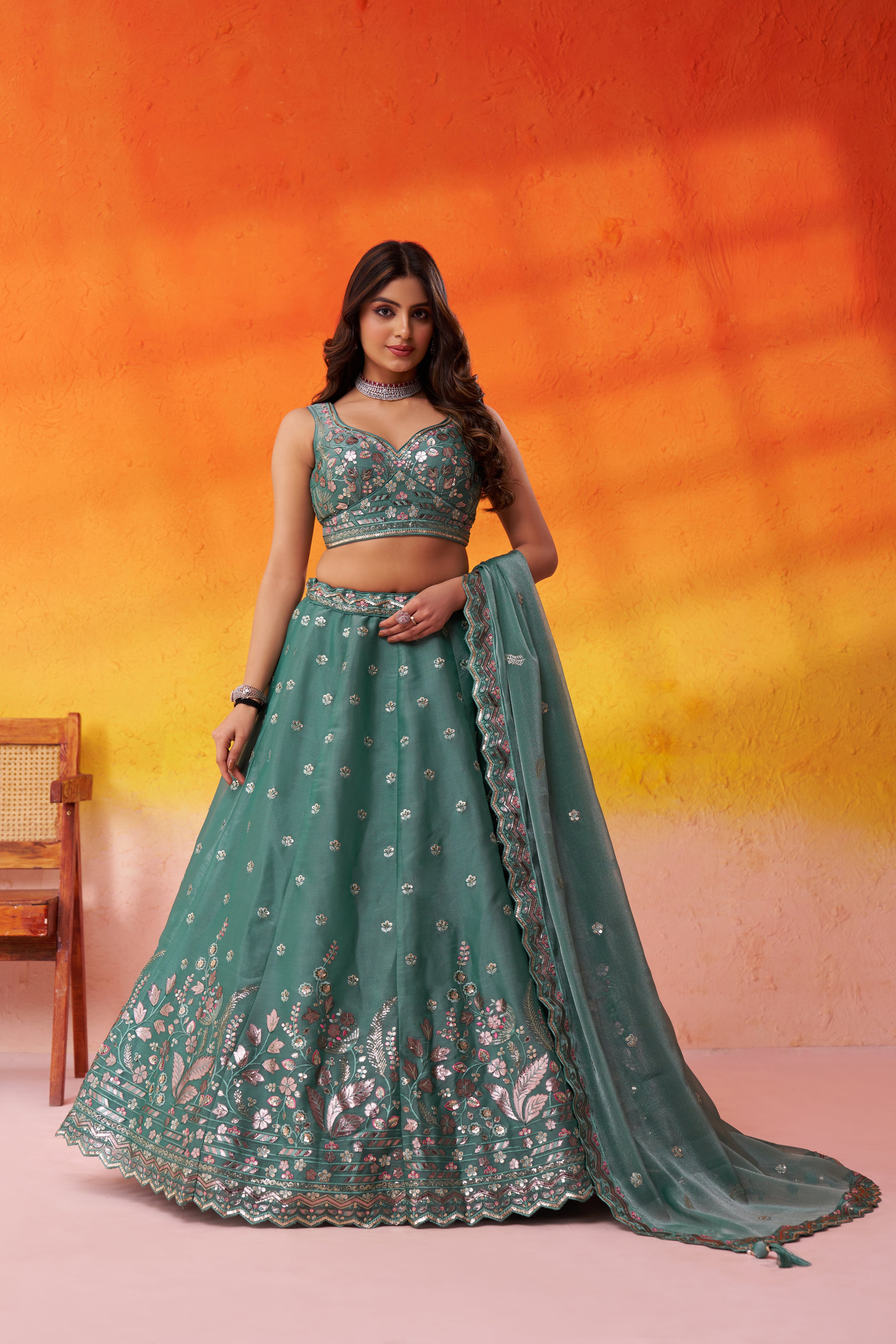 Green-Organza Fabric Sequins Thread & Embroidery Semi-Stitched Lehenga & Unstitched Blouse With Dupatta