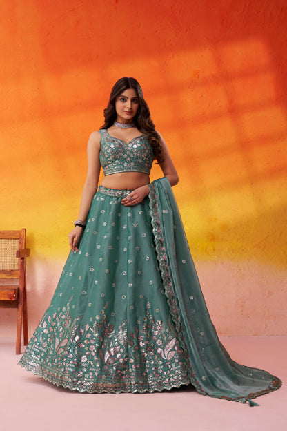 Green-Organza Fabric Sequins Thread & Embroidery Semi-Stitched Lehenga & Unstitched Blouse With Dupatta