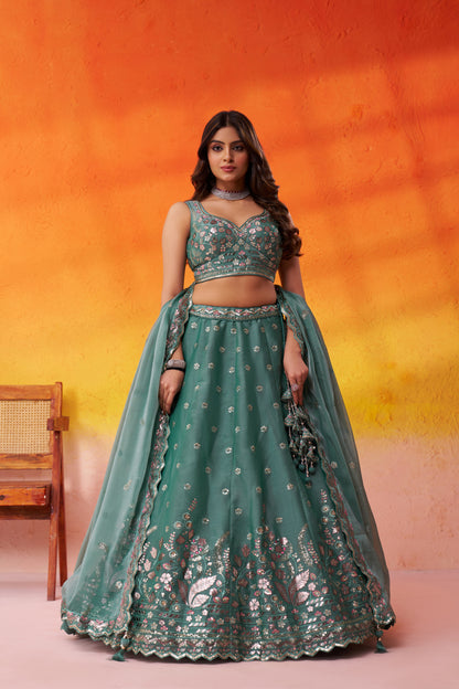 Green-Organza Fabric Sequins Thread & Embroidery Semi-Stitched Lehenga & Unstitched Blouse With Dupatta