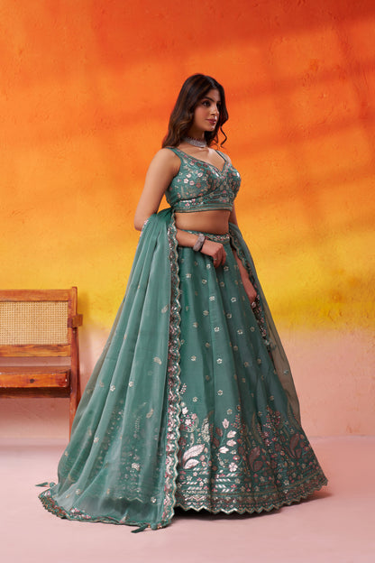 Green-Organza Fabric Sequins Thread & Embroidery Semi-Stitched Lehenga & Unstitched Blouse With Dupatta
