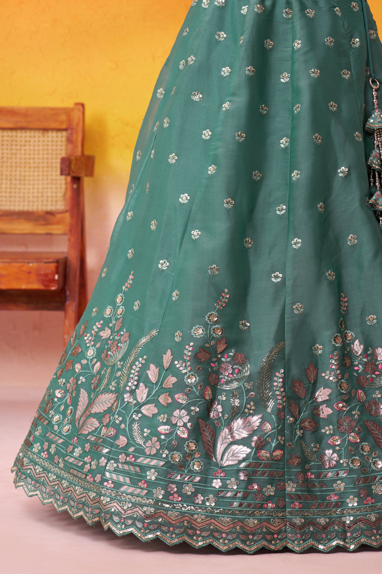 Green-Organza Fabric Sequins Thread & Embroidery Semi-Stitched Lehenga & Unstitched Blouse With Dupatta