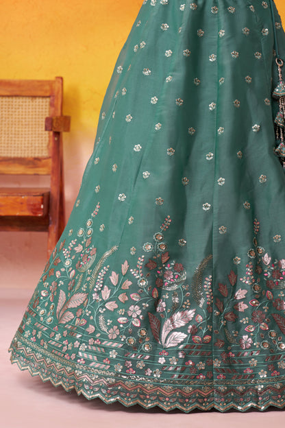 Green-Organza Fabric Sequins Thread & Embroidery Semi-Stitched Lehenga & Unstitched Blouse With Dupatta