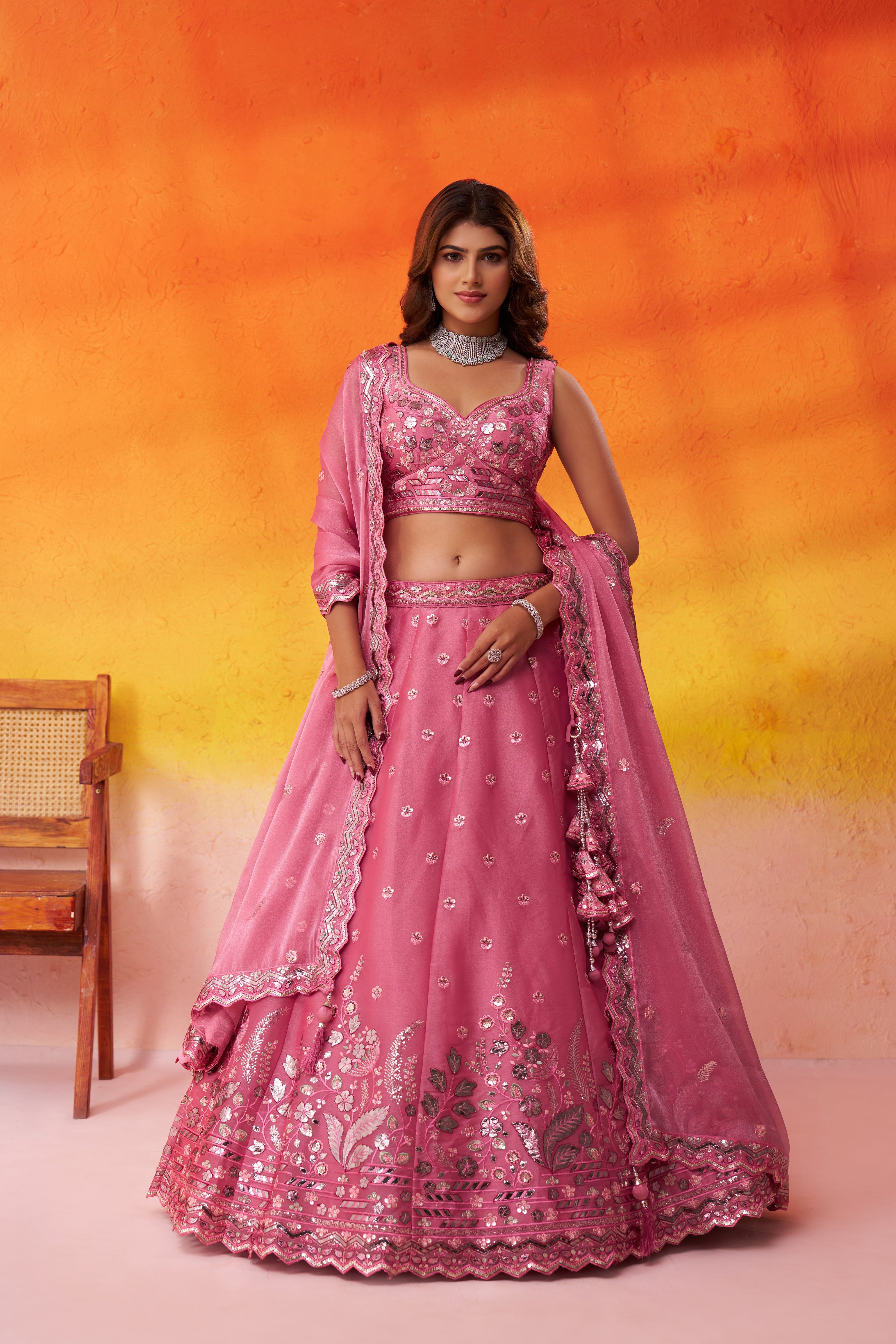 Pink-Organza Fabric Sequins Thread & Embroidery Semi-Stitched Lehenga & Unstitched Blouse With Dupatta