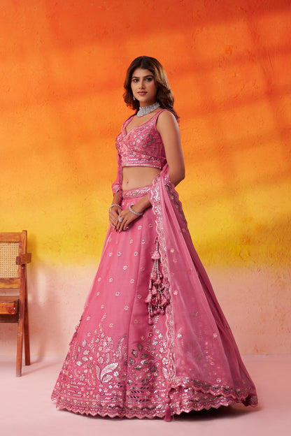 Pink-Organza Fabric Sequins Thread & Embroidery Semi-Stitched Lehenga & Unstitched Blouse With Dupatta