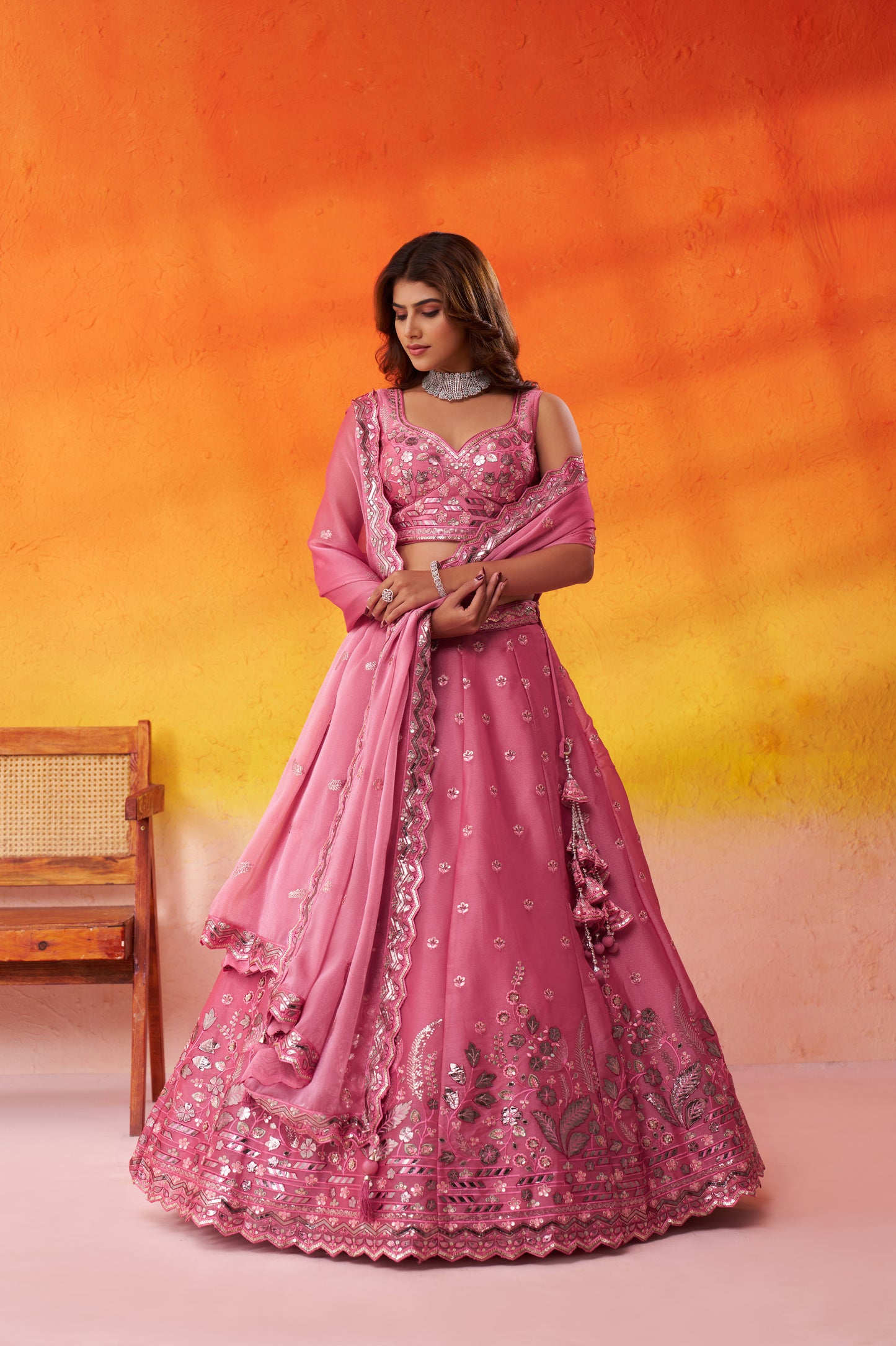 Pink-Organza Fabric Sequins Thread & Embroidery Semi-Stitched Lehenga & Unstitched Blouse With Dupatta