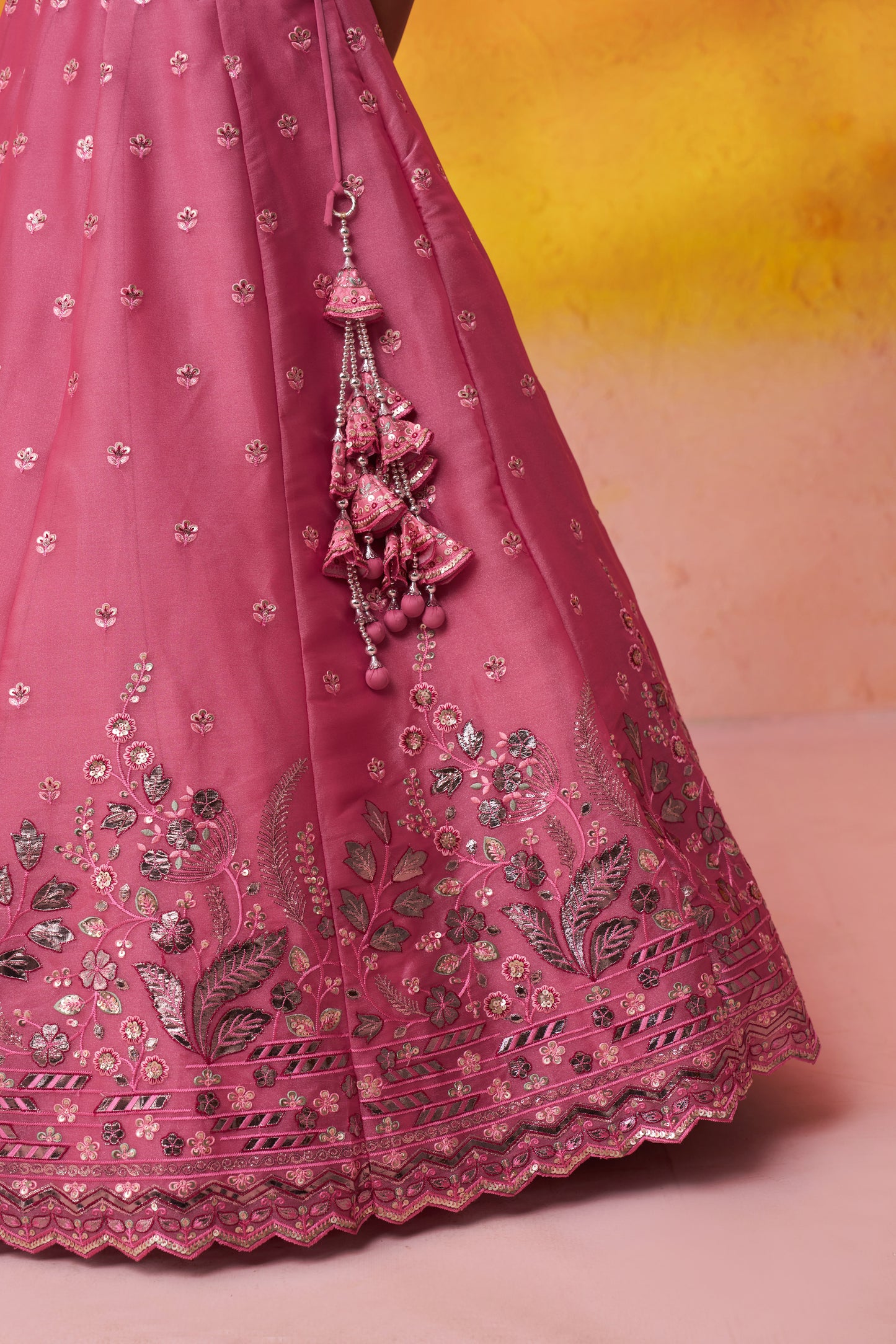 Pink-Organza Fabric Sequins Thread & Embroidery Semi-Stitched Lehenga & Unstitched Blouse With Dupatta