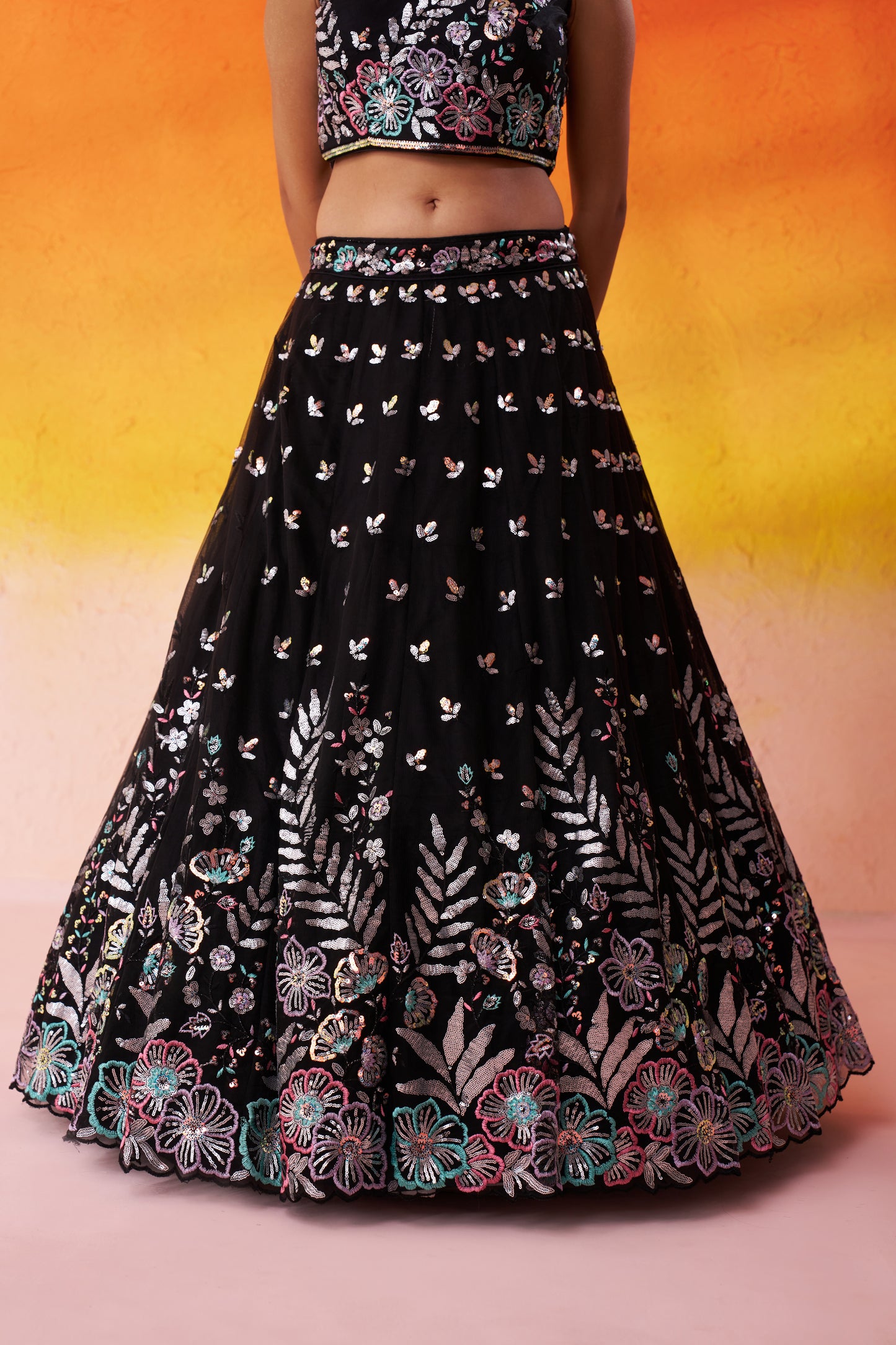 BLACK-Net Fabric Sequins Thread & Embroidery Semi-Stitched Lehenga & Unstitched Blouse With Dupatta