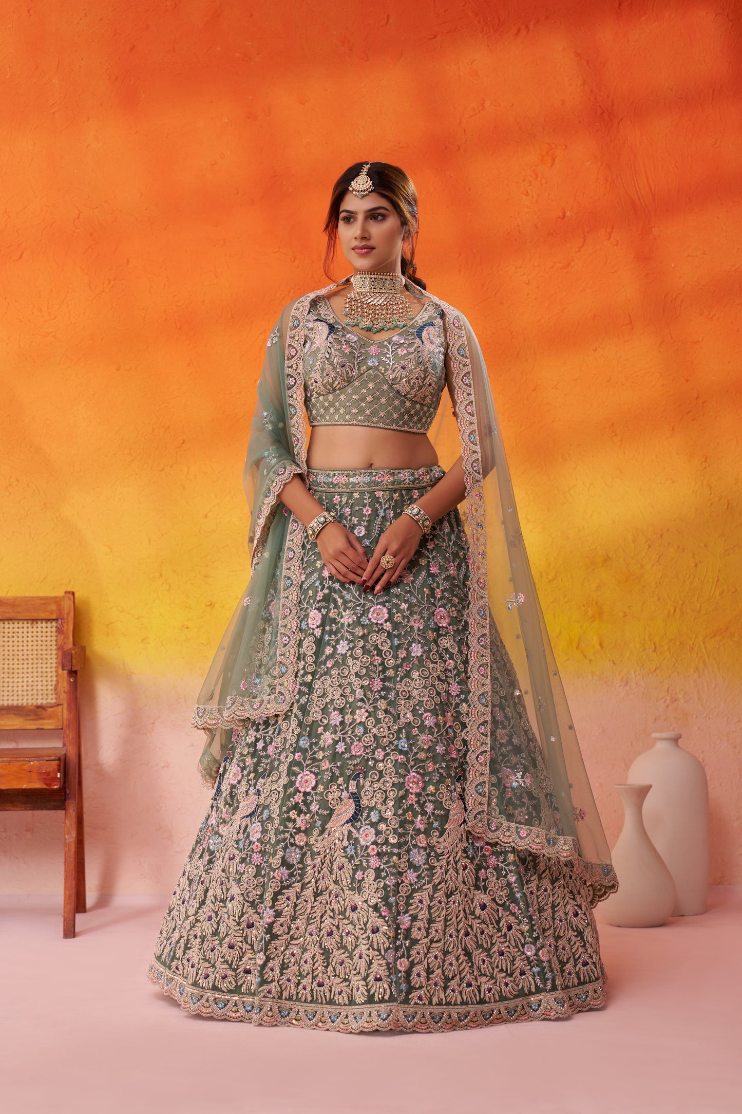 LIMEGREEN- Net Fabric Sequins embroidery Semi-Stitched Lehenga & Unstitched Blouse With Dupatta