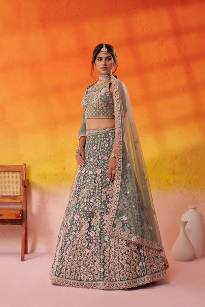 LIMEGREEN- Net Fabric Sequins embroidery Semi-Stitched Lehenga & Unstitched Blouse With Dupatta
