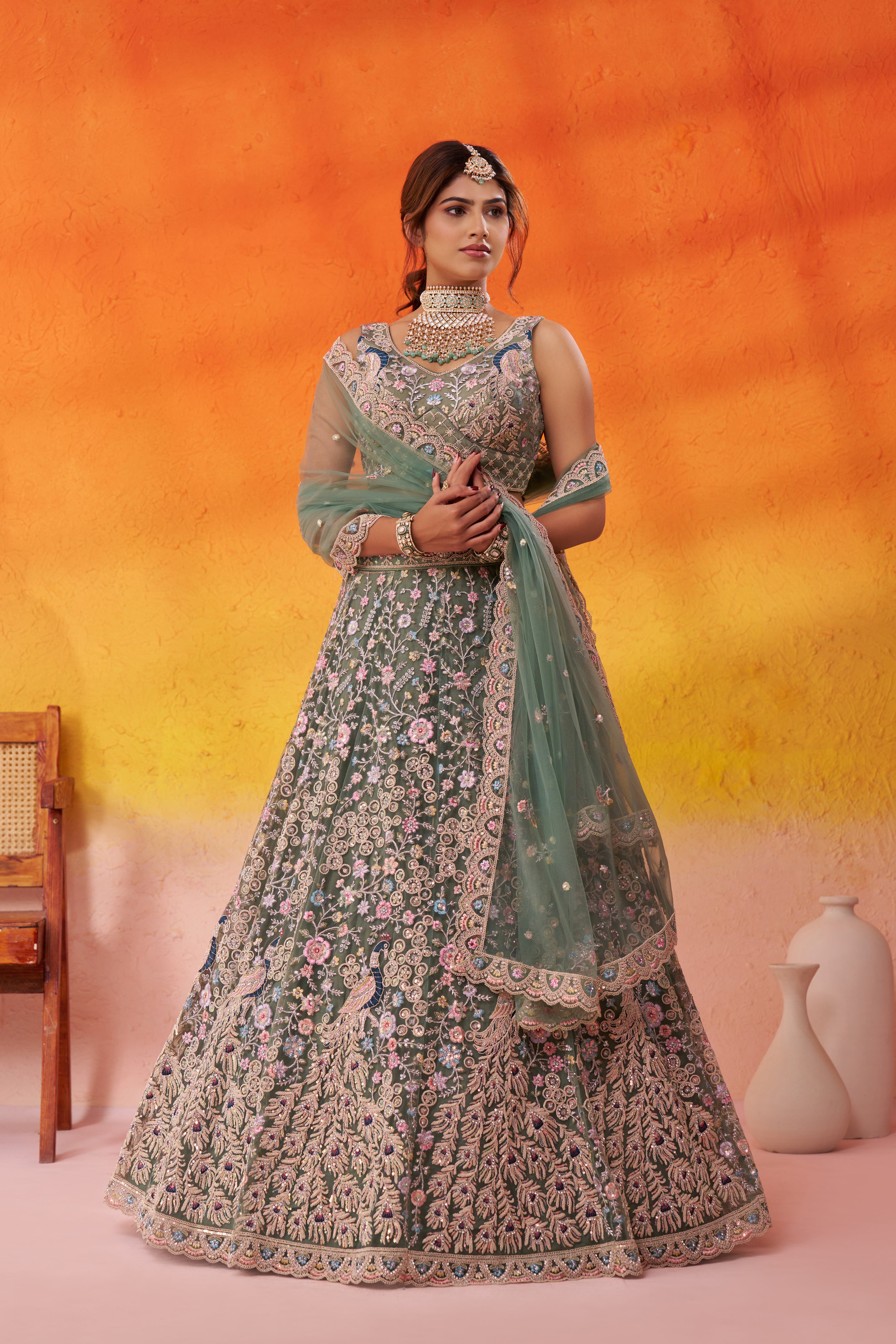 LIMEGREEN- Net Fabric Sequins embroidery Semi-Stitched Lehenga & Unstitched Blouse With Dupatta