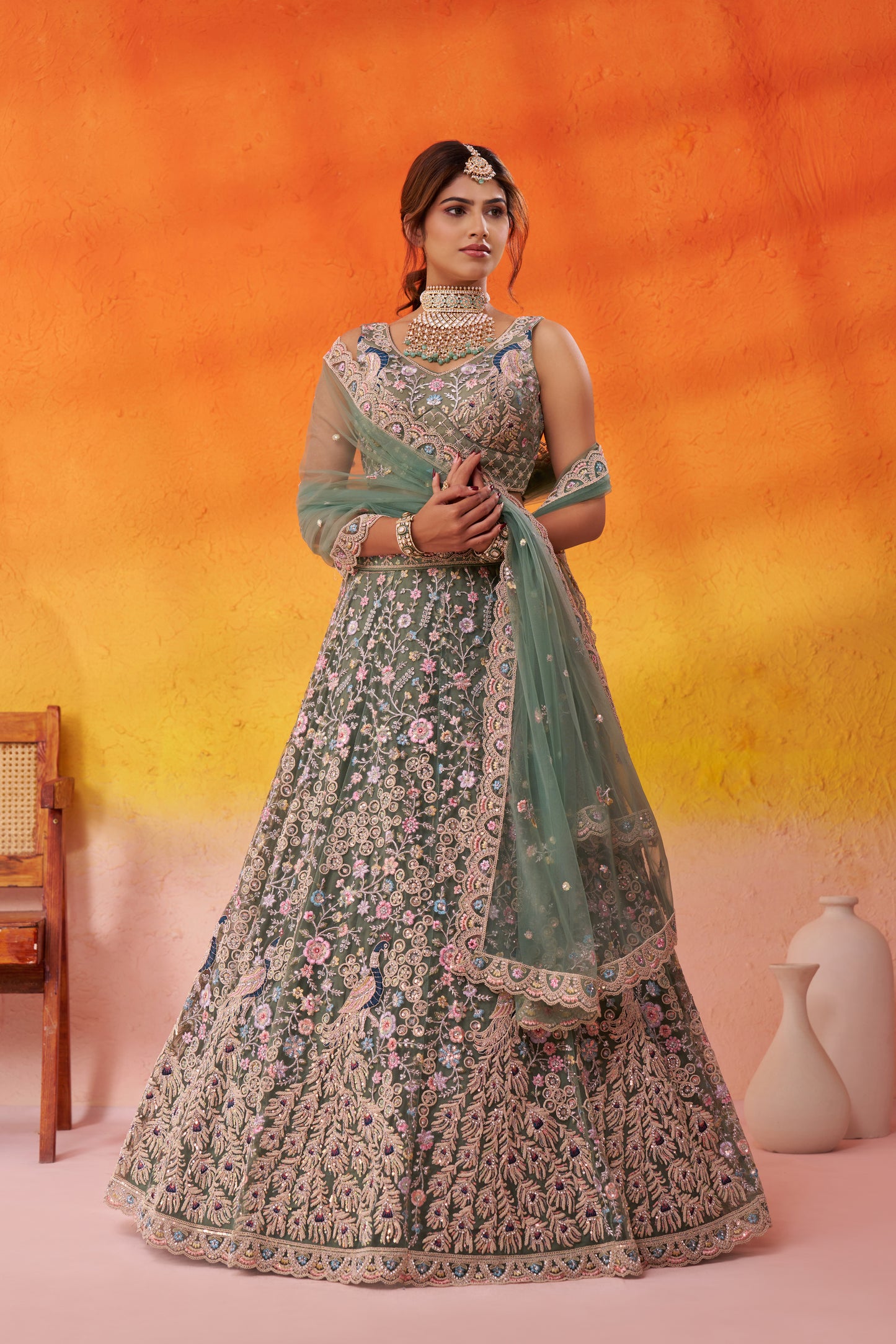 LIMEGREEN- Net Fabric Sequins embroidery Semi-Stitched Lehenga & Unstitched Blouse With Dupatta