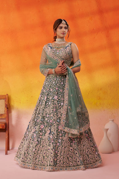 LIMEGREEN- Net Fabric Sequins embroidery Semi-Stitched Lehenga & Unstitched Blouse With Dupatta