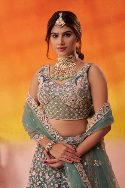 LIMEGREEN- Net Fabric Sequins embroidery Semi-Stitched Lehenga & Unstitched Blouse With Dupatta