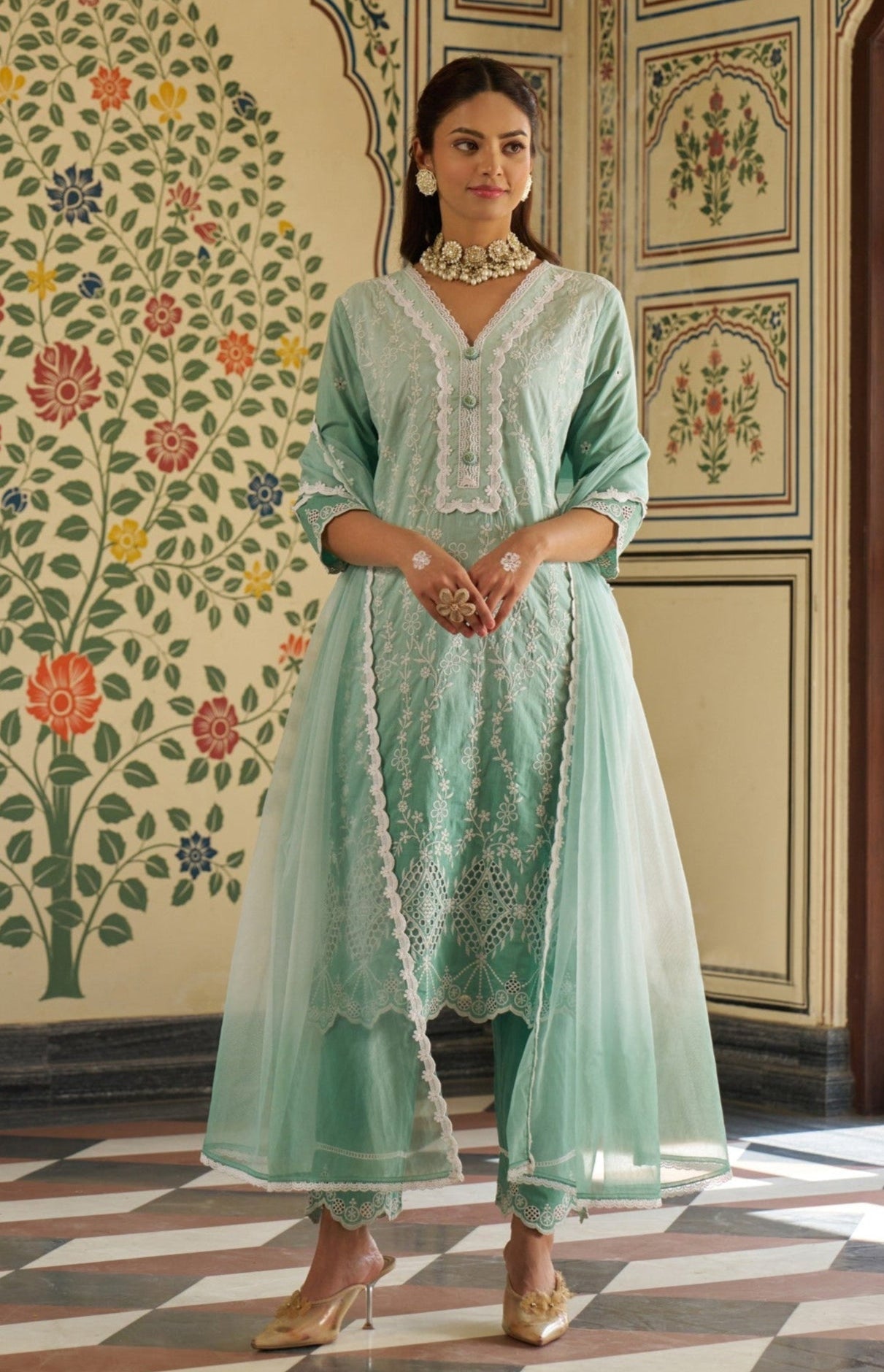 Anumeha Pine Shchiffli Embroidery Cotton Suit set